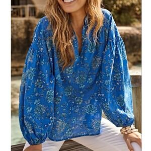 New J.Jill $89 MP Royal Blue Floral Cotton Puff Sleeves Oversized Split-Neck Top